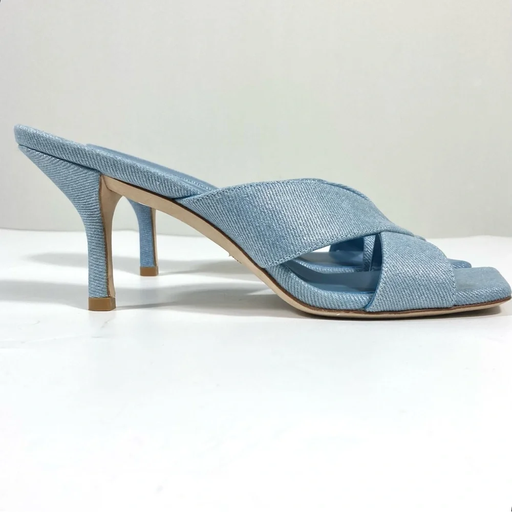 Stuart Weitzman Carmen 75 Heel Slide Sandals Blue Denim 8 NEW - Picture 13 of 17